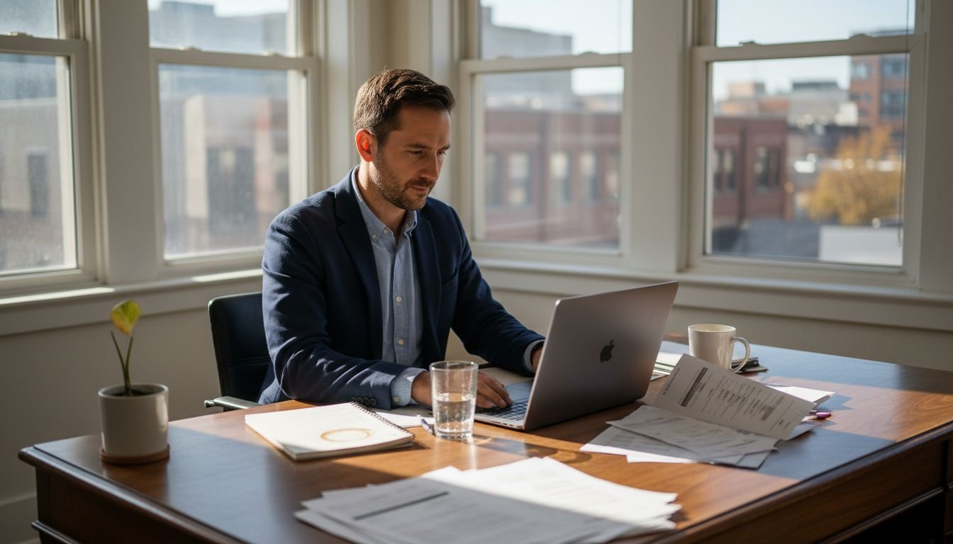 Business owner reviews spreadsheet in sunny office