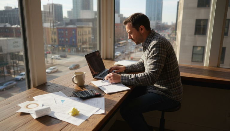 Small business owner doing weekly bookkeeping tasks
