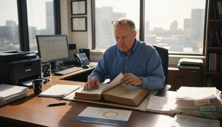 Business owner reviewing general ledger book