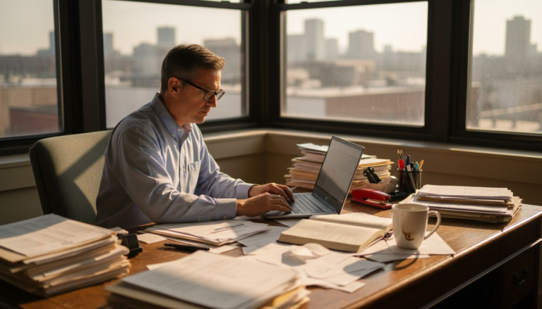 Bookkeeper sorting tax documents at desk