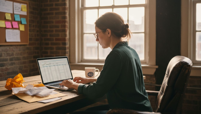 Entrepreneur working on bookkeeping at desk