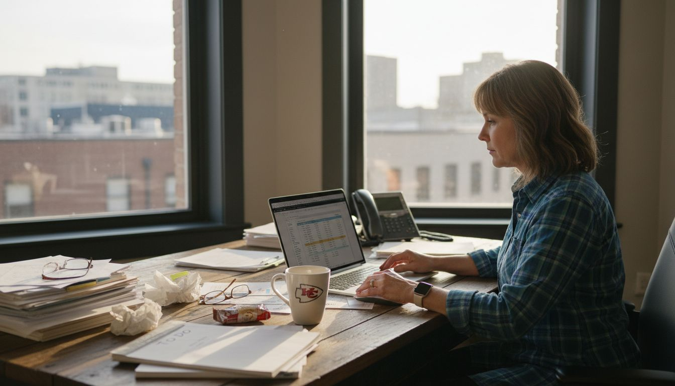 Kansas City business owner reviewing bookkeeping at desk