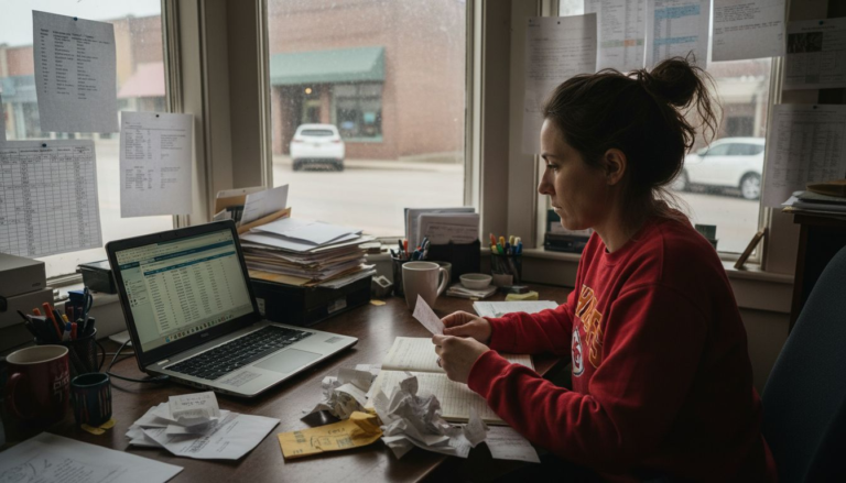 Woman organizing year-end bookkeeping at cluttered desk
