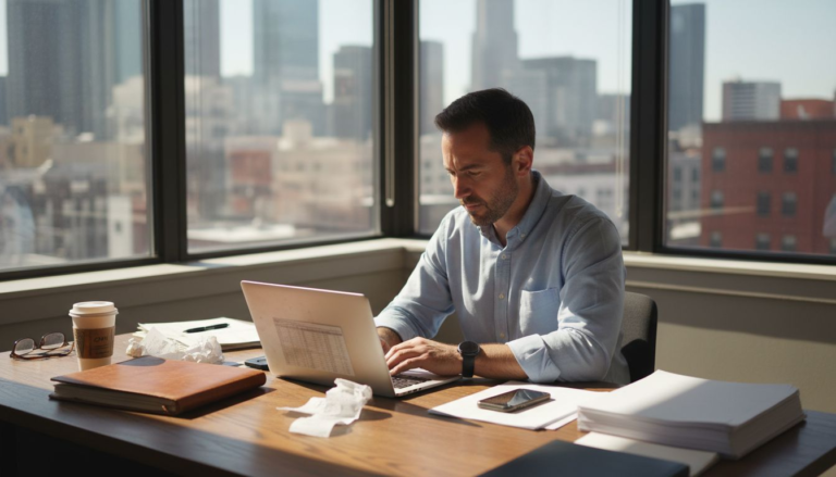 Business owner reviews expenses at cluttered desk
