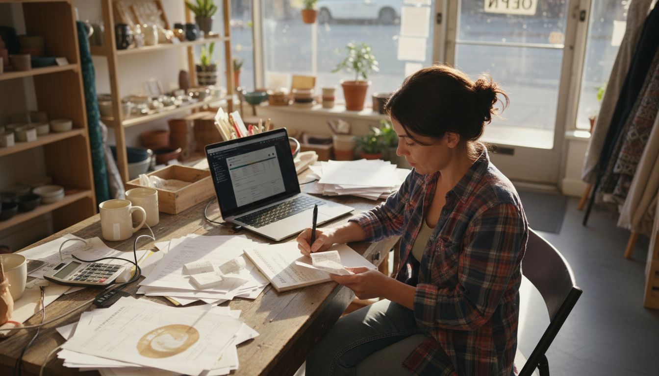 Business owner records expenses at cluttered desk