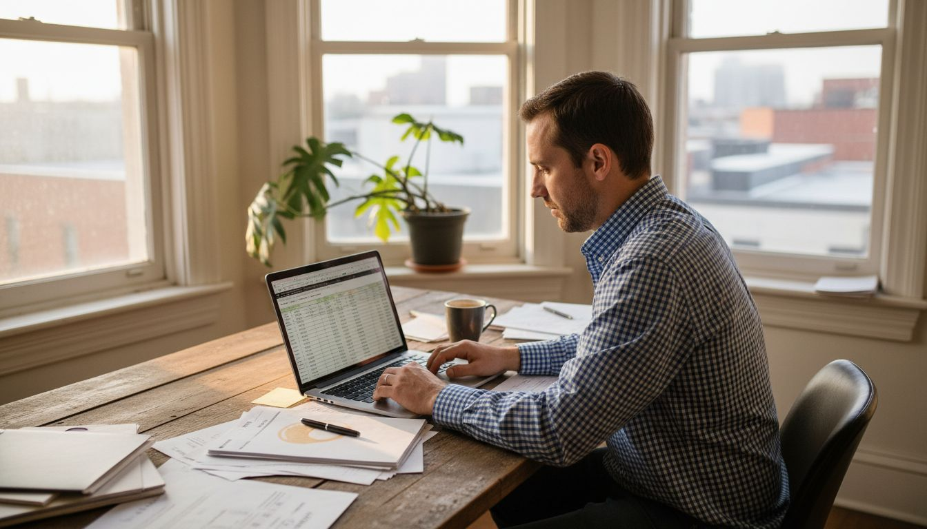 Business owner reviewing finances in office