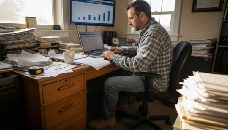 Business owner reviewing income records at desk