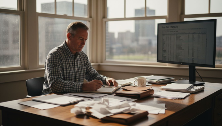 Business owner reviews year-end reports at desk