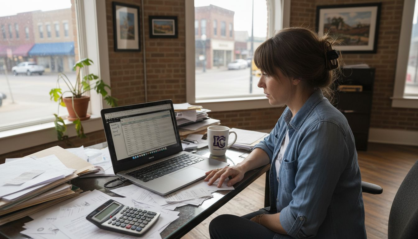 Small business owner reviewing finances at cluttered desk