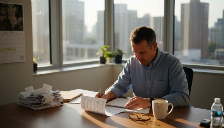 Business owner reviewing finances at office desk