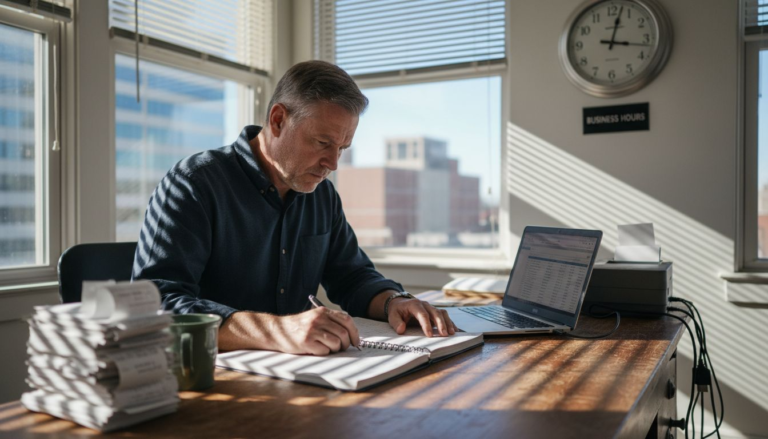 Business owner automating bookkeeping at cluttered desk