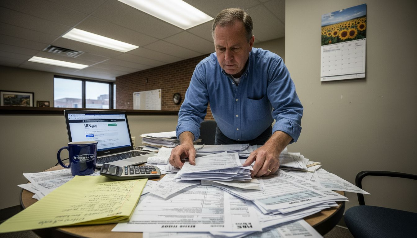 Business owner reviewing tax papers in Kansas office