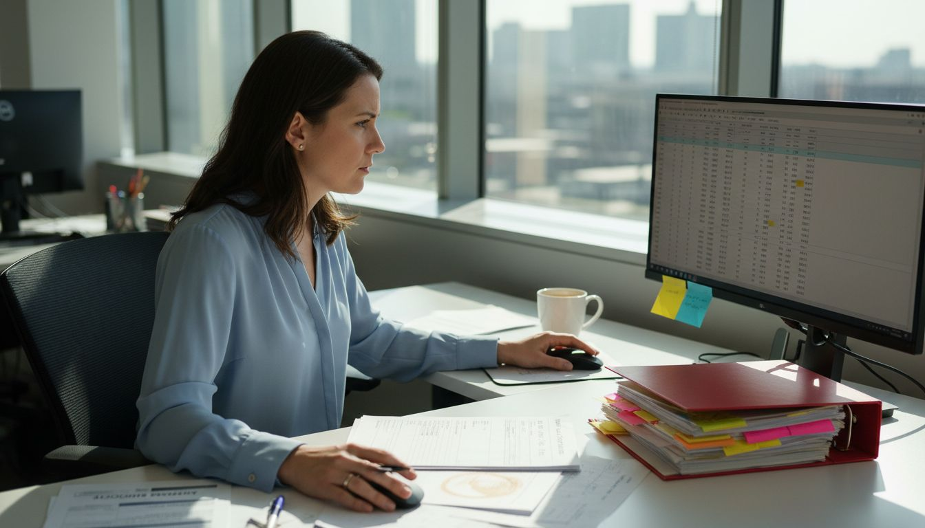 Bookkeeper reviewing spreadsheets in sunlit office