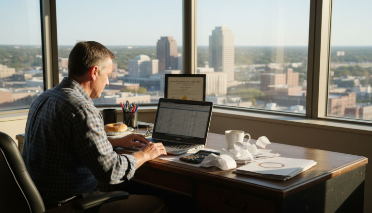 Kansas business owner reviewing bookkeeping spreadsheet