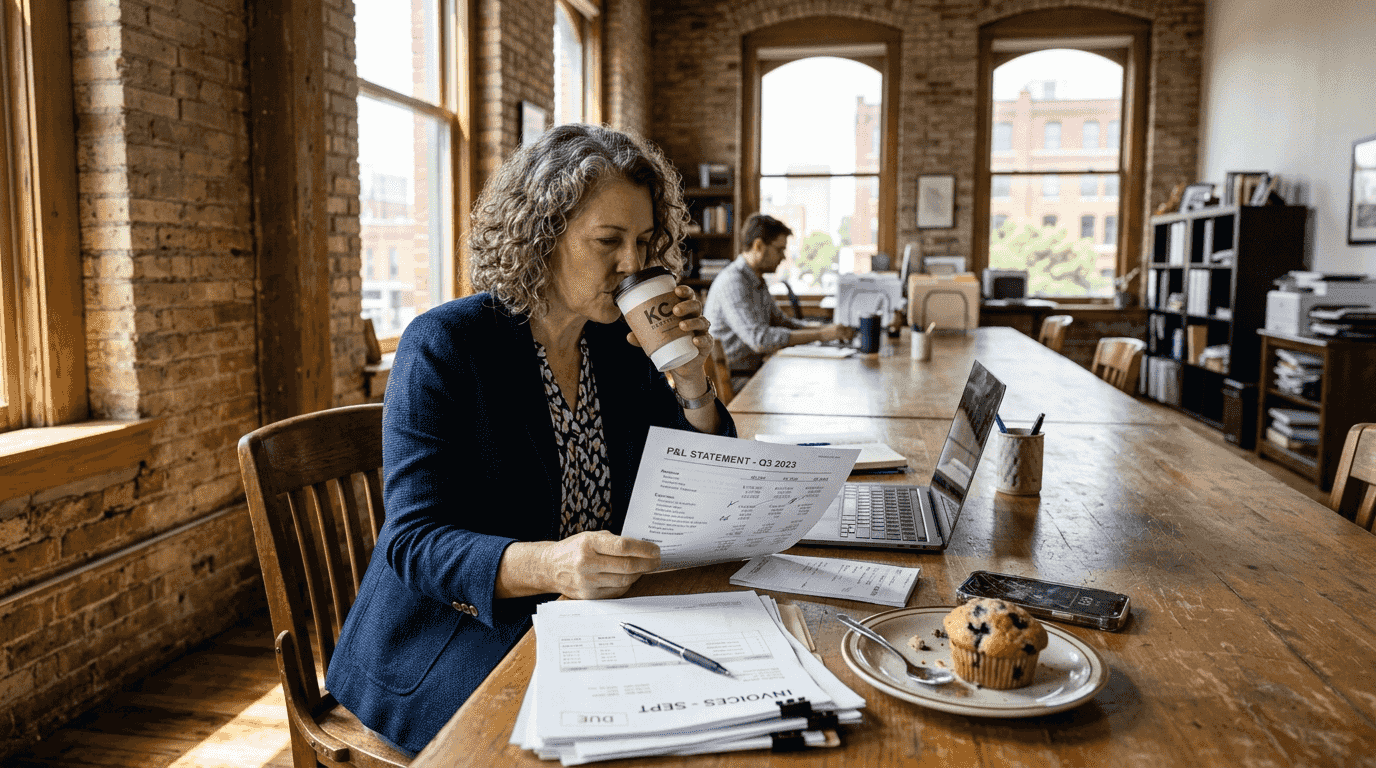 Business owner reviews P&L in office setting