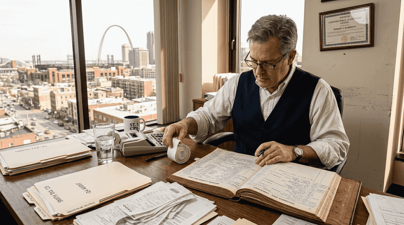 Accountant reviewing year-end tax documents Missouri