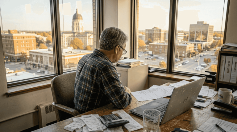 Small business owner checking balance sheet at desk