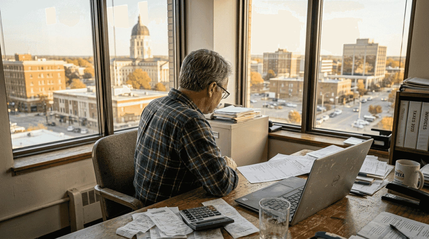 Small business owner checking balance sheet at desk