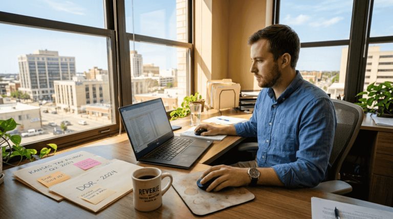 Kansas business owner using cloud bookkeeping at desk