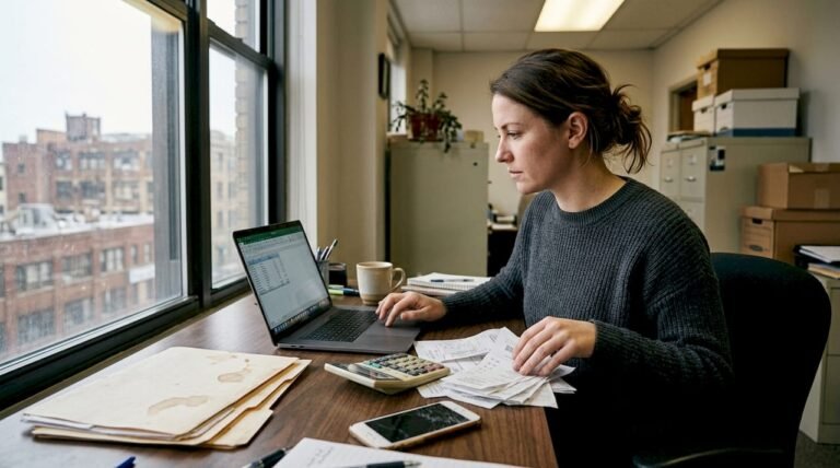 Bookkeeper organizing workspace and entering expenses