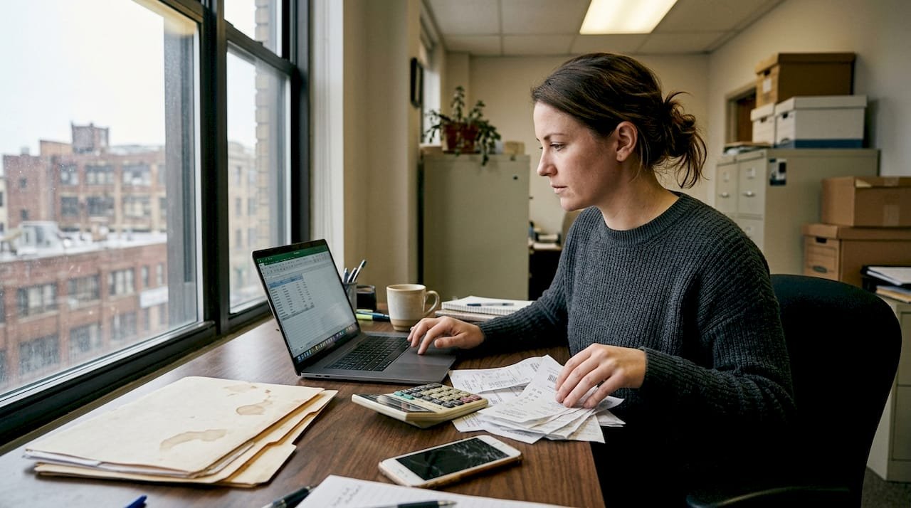 Bookkeeper organizing workspace and entering expenses