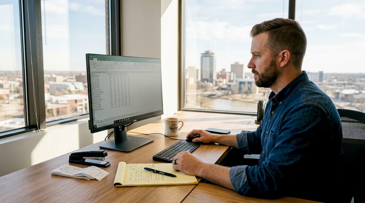 Kansas business owner reviewing quarterly bookkeeping