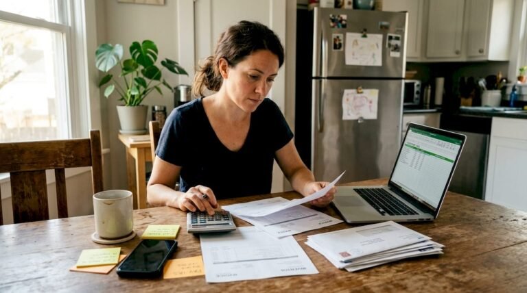 Owner reviewing invoices at kitchen table