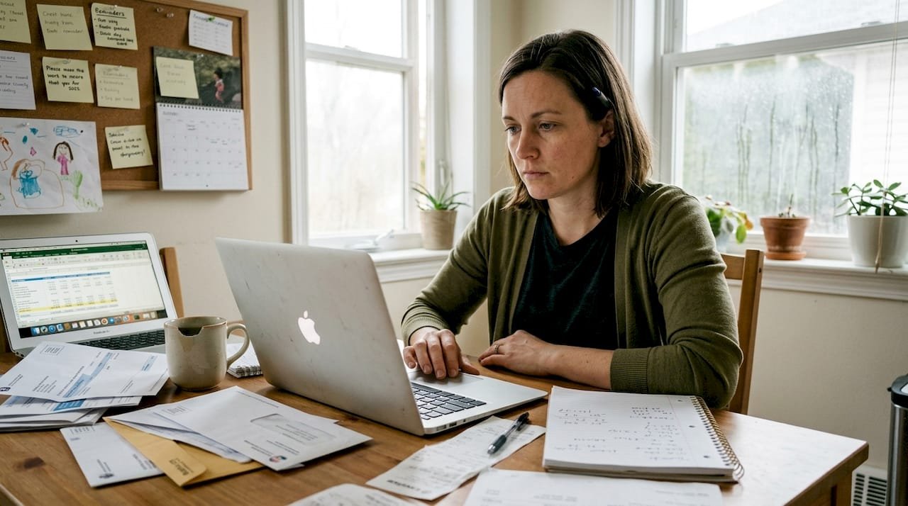 Small business owner reviews finances at table