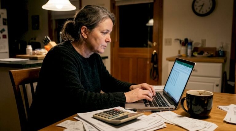 Small business owner doing bookkeeping at kitchen table