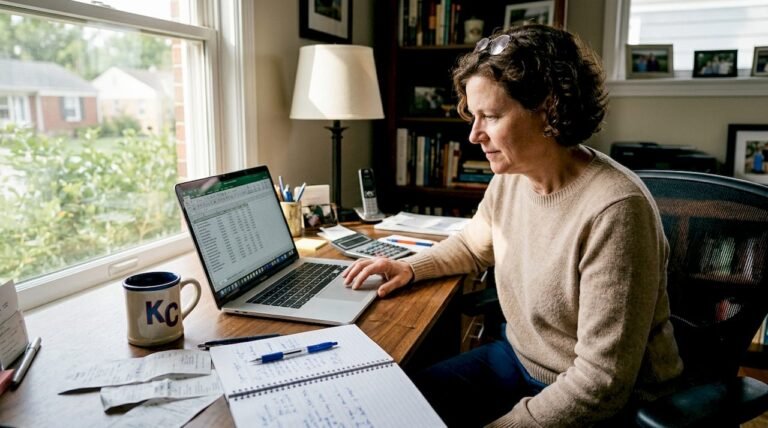 Business owner reviewing bookkeeping journal entries