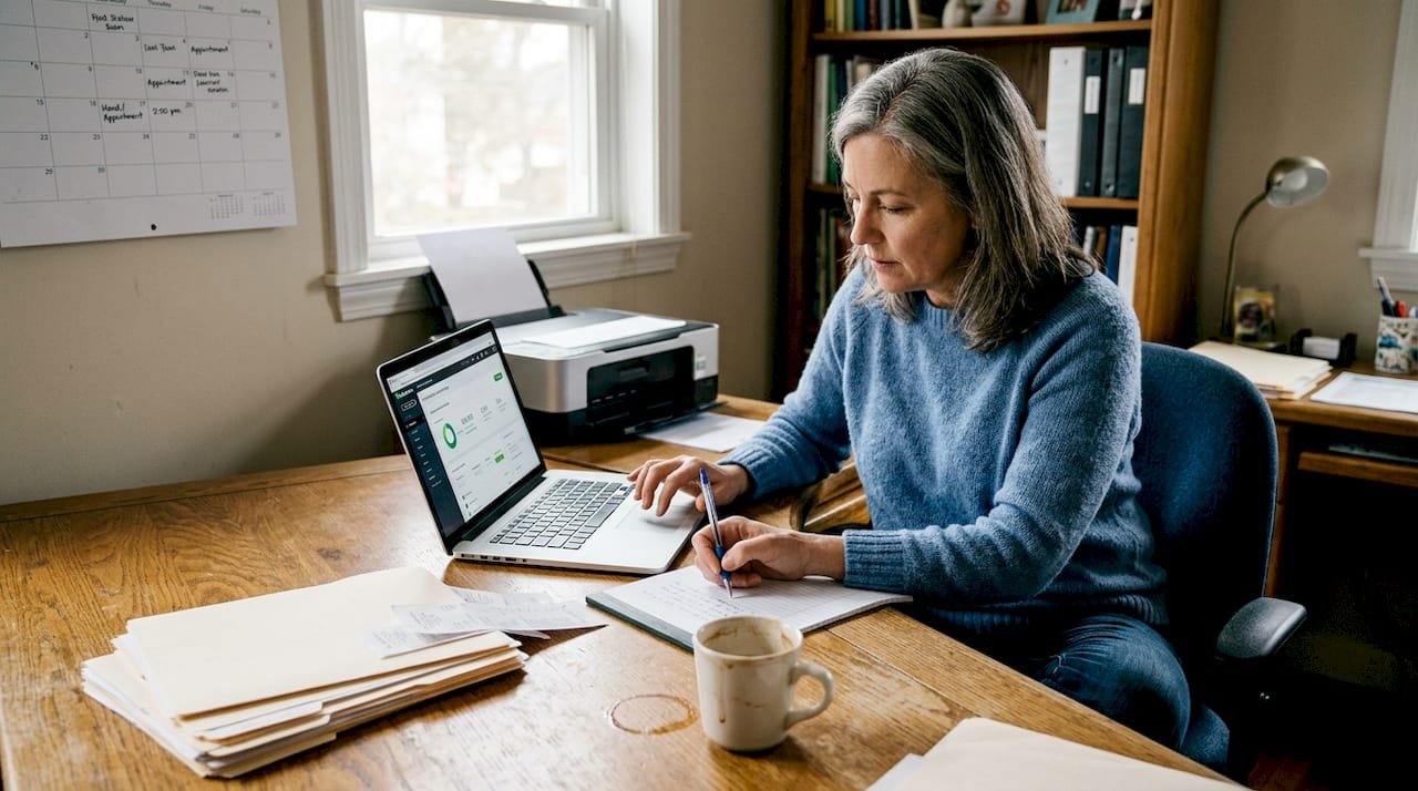 Home business owner reviewing Kansas bookkeeping