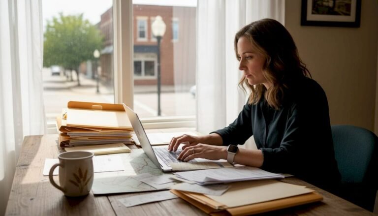 Business owner organizing tax paperwork at desk