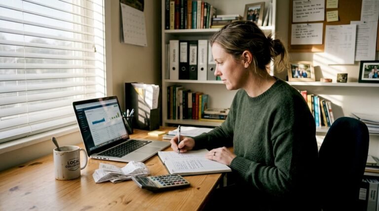 Small business owner updating ledger at desk