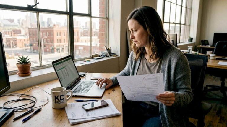 Kansas City business owner reviewing spreadsheet