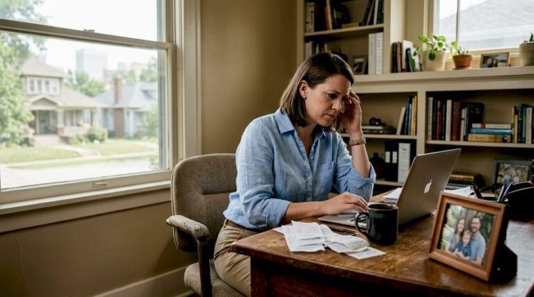 Bookkeeper reviewing receipts at home office desk