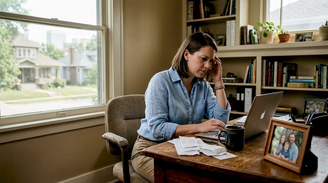 Bookkeeper reviewing receipts at home office desk
