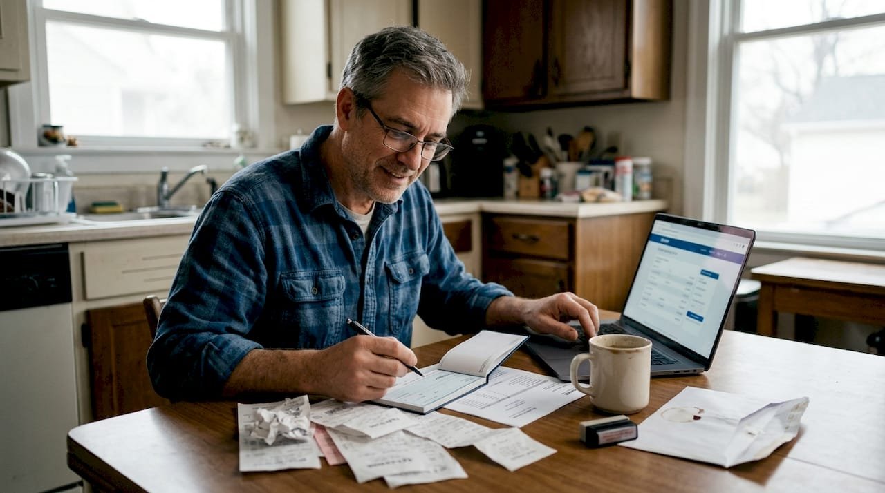 Business owner reconciling bank statement at kitchen table