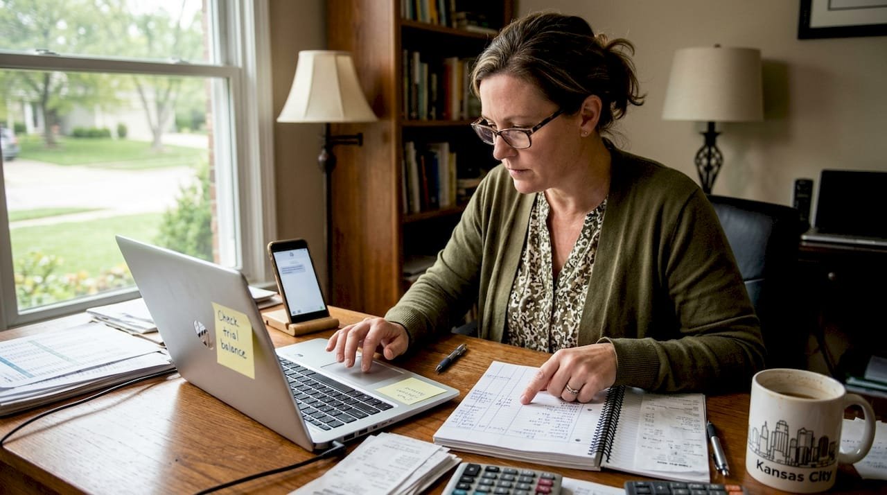 Business owner doing accounting at desk